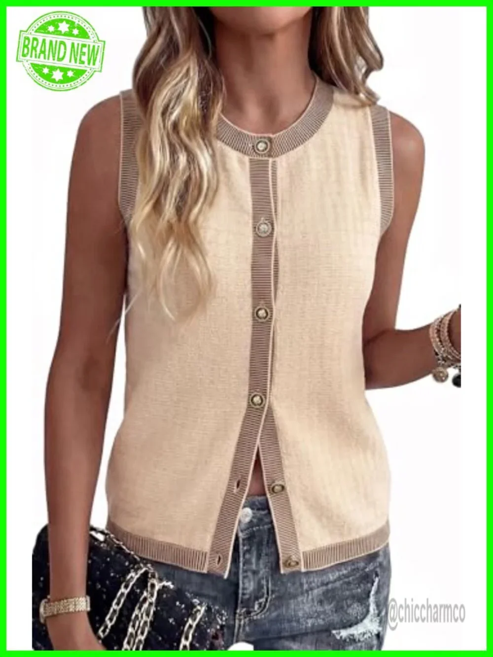 100% Cotton Crewneck Button Front Sweater Vest, Sleeveless